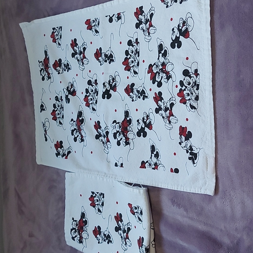 Two Disney Mickey and Minnie Mouse tea towels. In excellent condition
